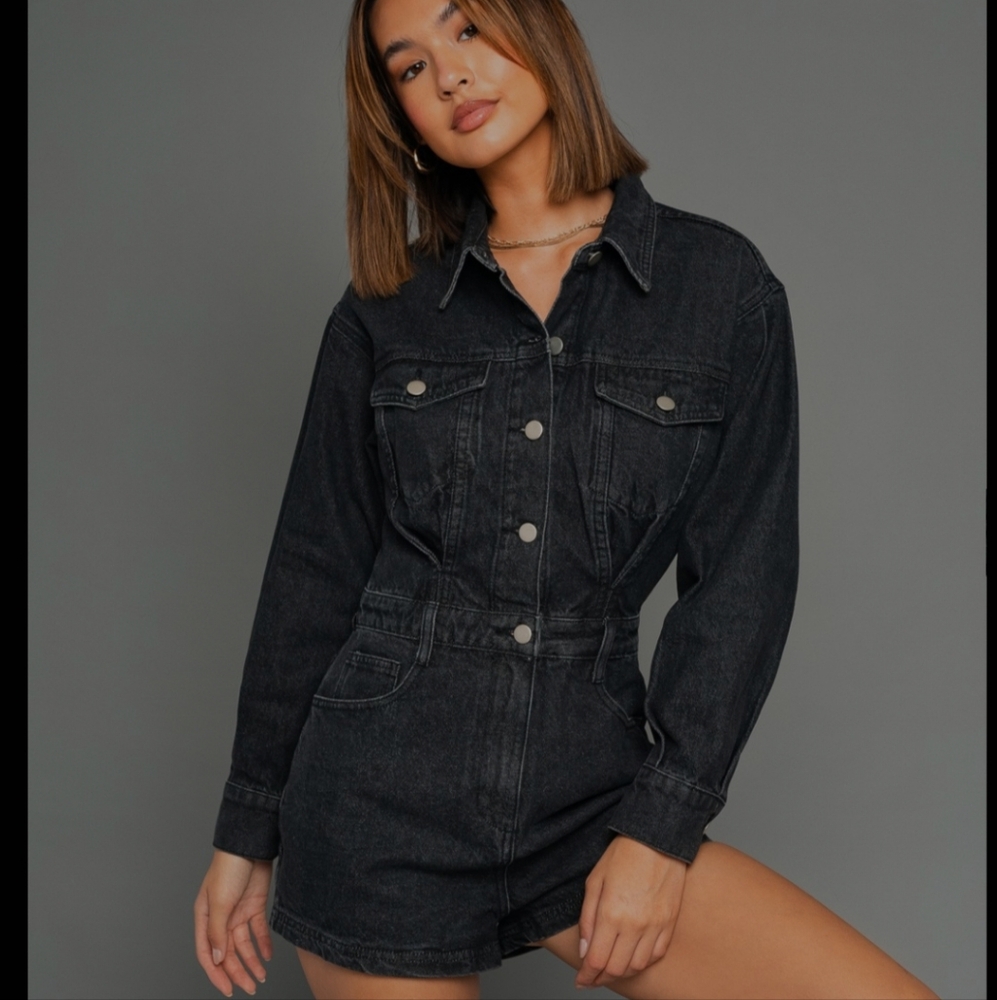 Le Lis Black Denim Romper Short Long Sleev Jumpsuit Coverall